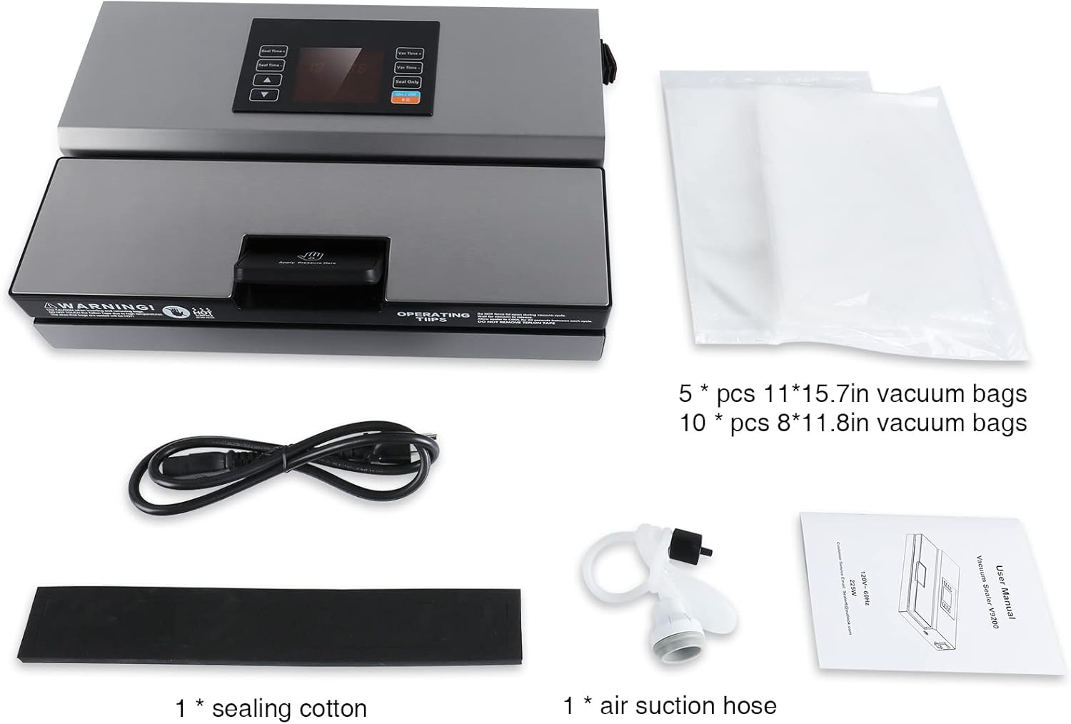 All items included in the Ecojoy Commercial Vacuum Sealer Machine V9200 package: the vacuum sealer unit, power cord, sealing cotton, air suction hose, various sizes of vacuum bags, and the user manual.