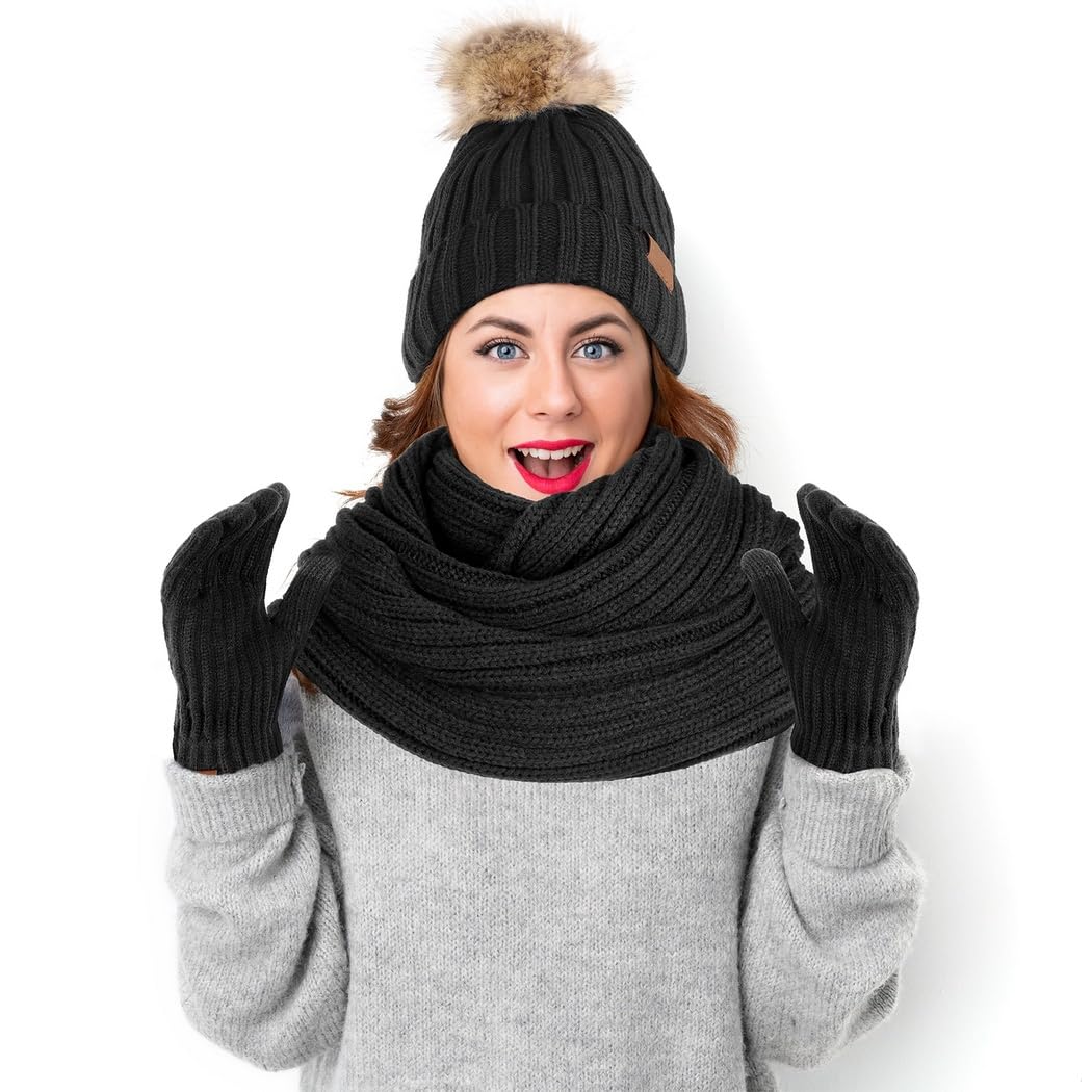 Cappello invernale da donna, guanti touchscreen, sciarpa foderata in velluto, accessori comodi per il freddo