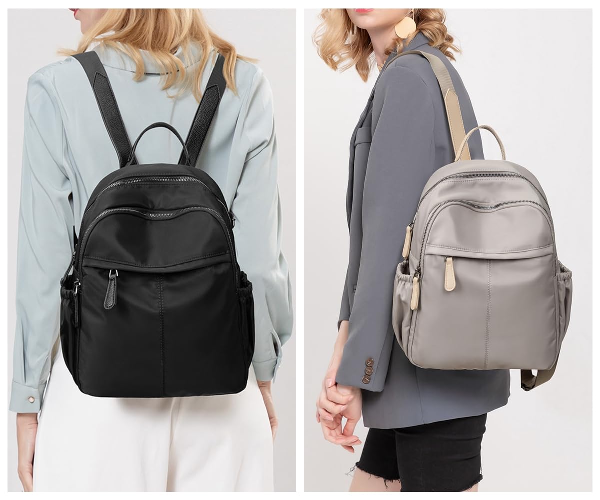 Mn&Sue Women Nylon Backpack Purse Waterproof Ladies Casual Rucksack Fashion Shoulder Bags for Travel College Daypack (Black)