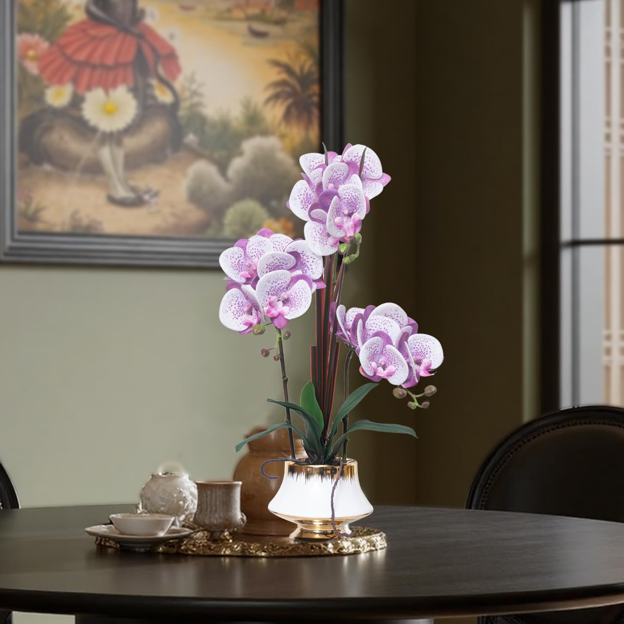CXGS Orchids Artificial Flowers Real Touch Fake Flower in Ceramic Pot 20" PaleLilacFaux Orchids in Ceramic Vase Faux Orchid Plant Lifelike Silk Phalaenopsis for Centerpiece Hotel Home Indoor Decor