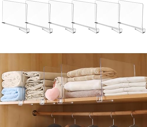 Separadores de estantes, paquete de 6 organizadores de ropa para armario, separadores de armario de acrílico transparente para estantes, organizador