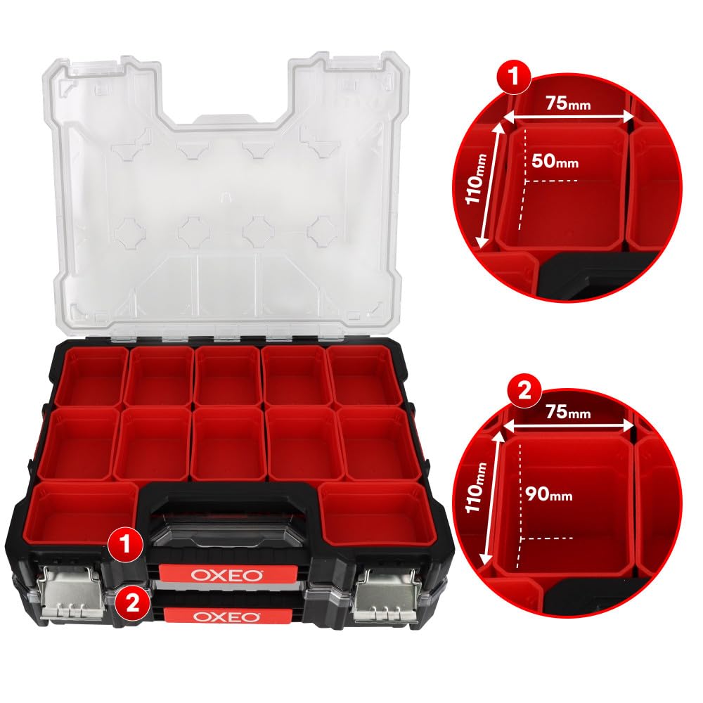 Lot de 2 Mallettes organiseur superposées - 2x12 Compartiments Amovibles - résistant aux chocs - 2 profondeurs