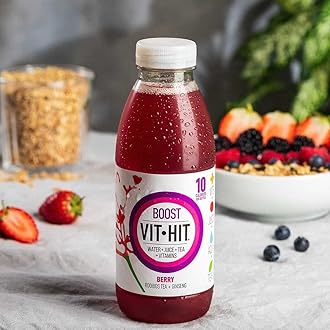 VIT HIT BOOST - 12 x Berry + Ginseng + Rooibos Tea | Vegan, Low Sugar, Low Calories, Vitamin Drink | 100% RDA of 8 Vitamins (500ml x 12 Bottles)