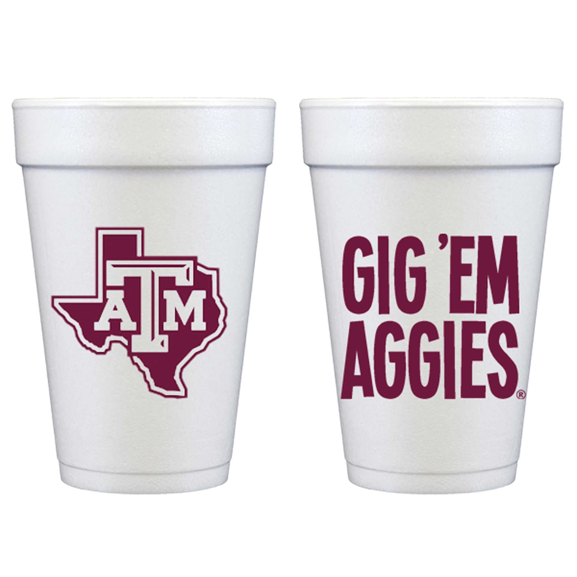 Officially Licensed Texas A&M University Logo/Gig 'Em Aggies Printed Foam Disposable Cups 16 oz - Insulated Coffee Cups 10 Pack - Cute Cup set for game day, Tailgating, Aggie Football Party Favors
