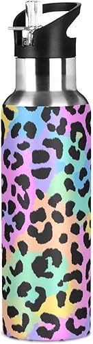 Miniatura 8 de Kcldeci Botella de agua deportiva con estampado de leopardo, 20 onzas, tapa de pajilla, a prueba de fugas, aislada al vacío, acero inoxidable,