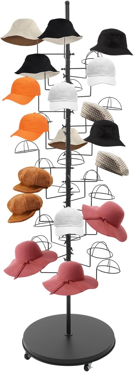 Rotated Hat Display Stand, Cap Hanger Rack with 35 Circular Hooks & 4 Universal Wheels, Commercial Hats Organizer Rack for Retail Store, Clothing Store, Living Room, Shopping Mall (Black)