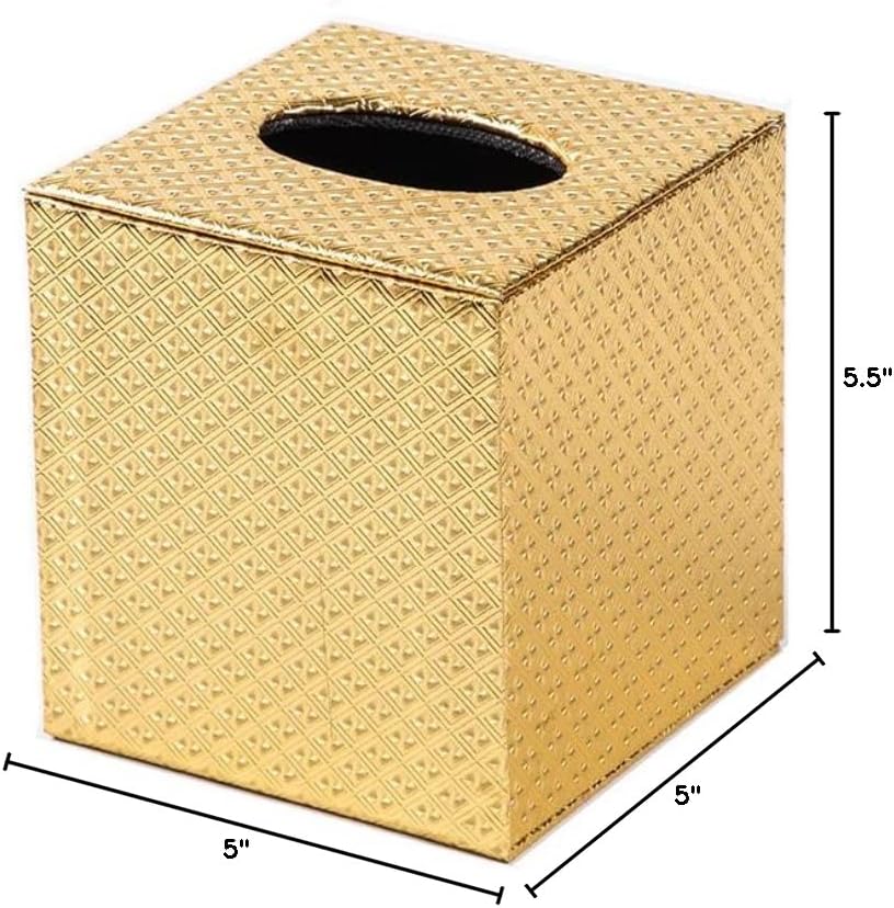Gold PU Leather and Wood Square Tissue Box Cover