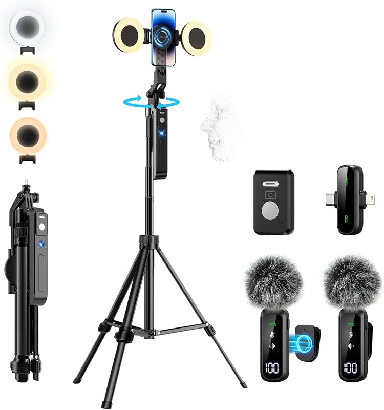 Magnetic Vlogging Kit for iPhone/Android, 71" Auto Face Tracking Tripod for iPhone with Light, Magnetic Microphone/Remote Control, Content Creator Essentials Starter Kit for TikTok and YouTube