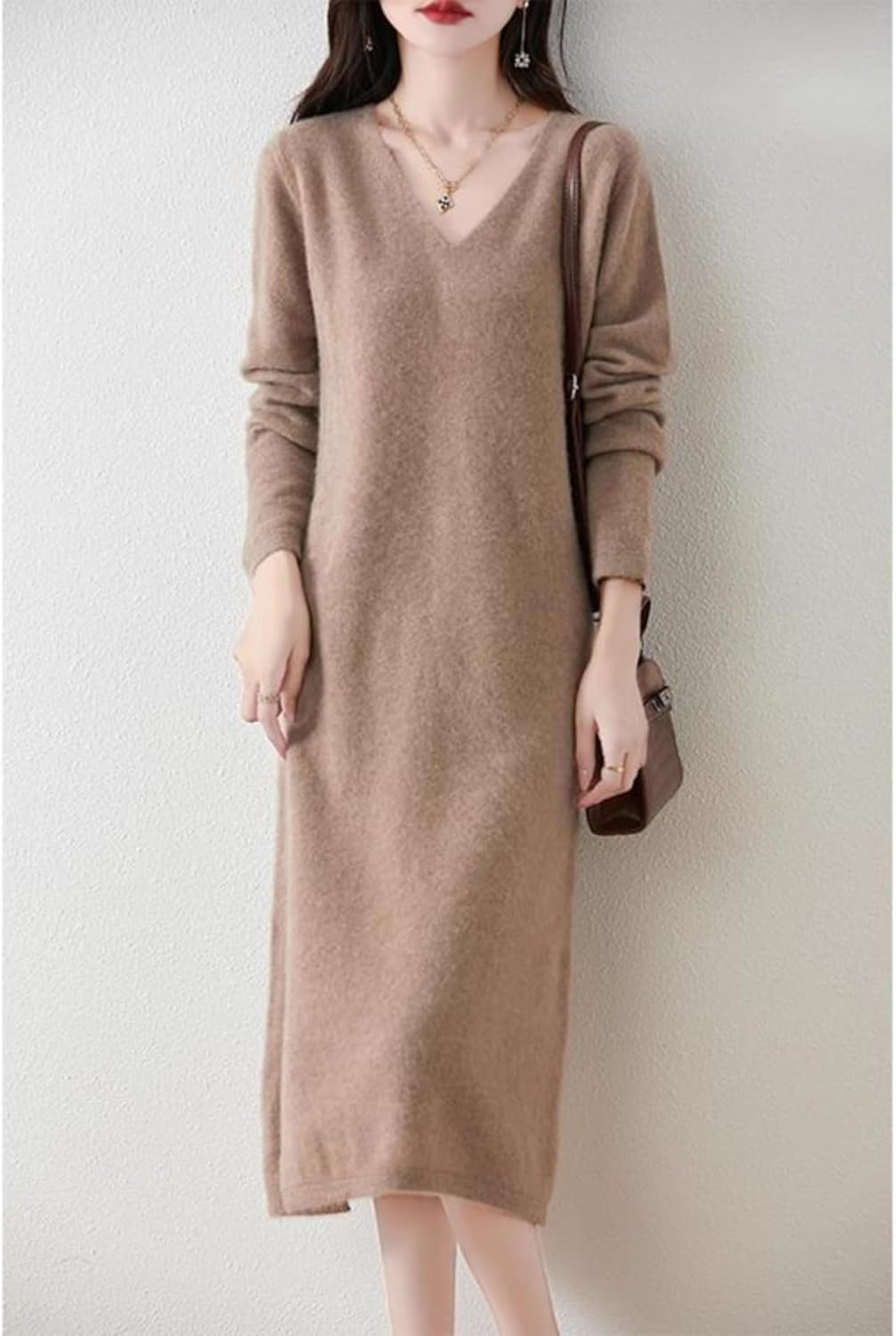 LIXINGHEITANG V-Neck Knitted Dress Women's Wool Loose mid-Length Cashmere Sweater