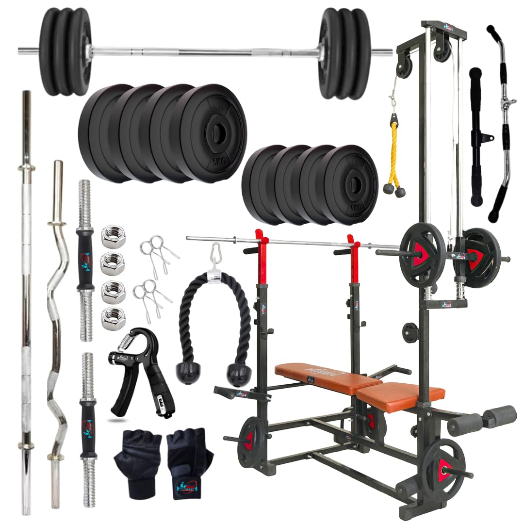 NOVIAN FITNESS: 20 in 1 Home Gym Bench Pro with PVC Coated Plates Combo Kit, Curl Rod, Straight Bar, Dumbbells, Plates, Skipping Rope, Gripper & Gloves, Full Body Workout Set (50, Kilograms)-image-13