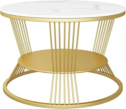 Low Table, Center Table, Bedside Table, Living Side Table, Tea Table, Industrial Style, Double Layer Storage Space with Locking Plate and Metal Frame for Living Room, Bedroom, Office Color Gold, Size 45cm/17.7IN