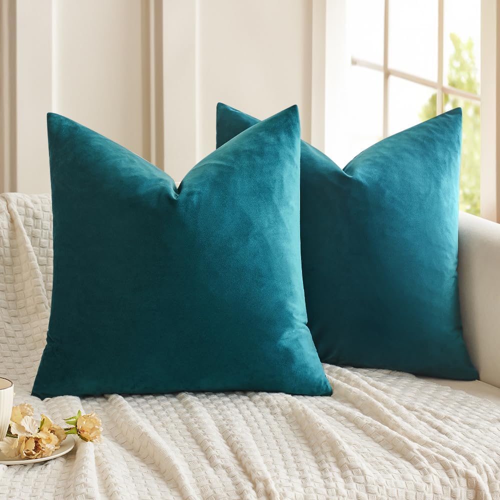 MIULEE 28x28 Inch Euro Sham Velvet Pillow Covers, Set of 2 Large Square Decorative Pillows -Teal Super Soft for King Bed, Sofa, Couch, Accent Chairs with Hidden Zipper