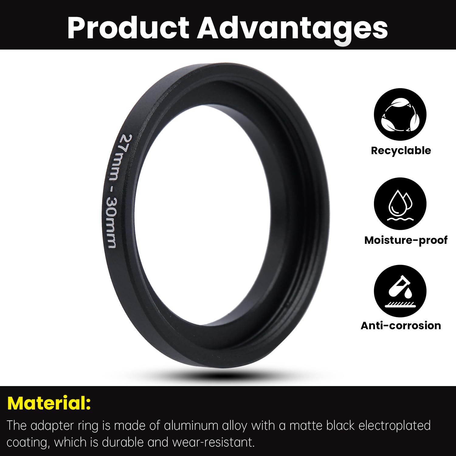 Metalowy adapter do filtrów Step-Up Ring – 27 mm do 30 mm – metalowy pierścień step-up adapter do filtrów, kompatybilny ze wszystkimi filtrami UV 30 mm, CPL, ND, osłonami obiektywu, obiektywami