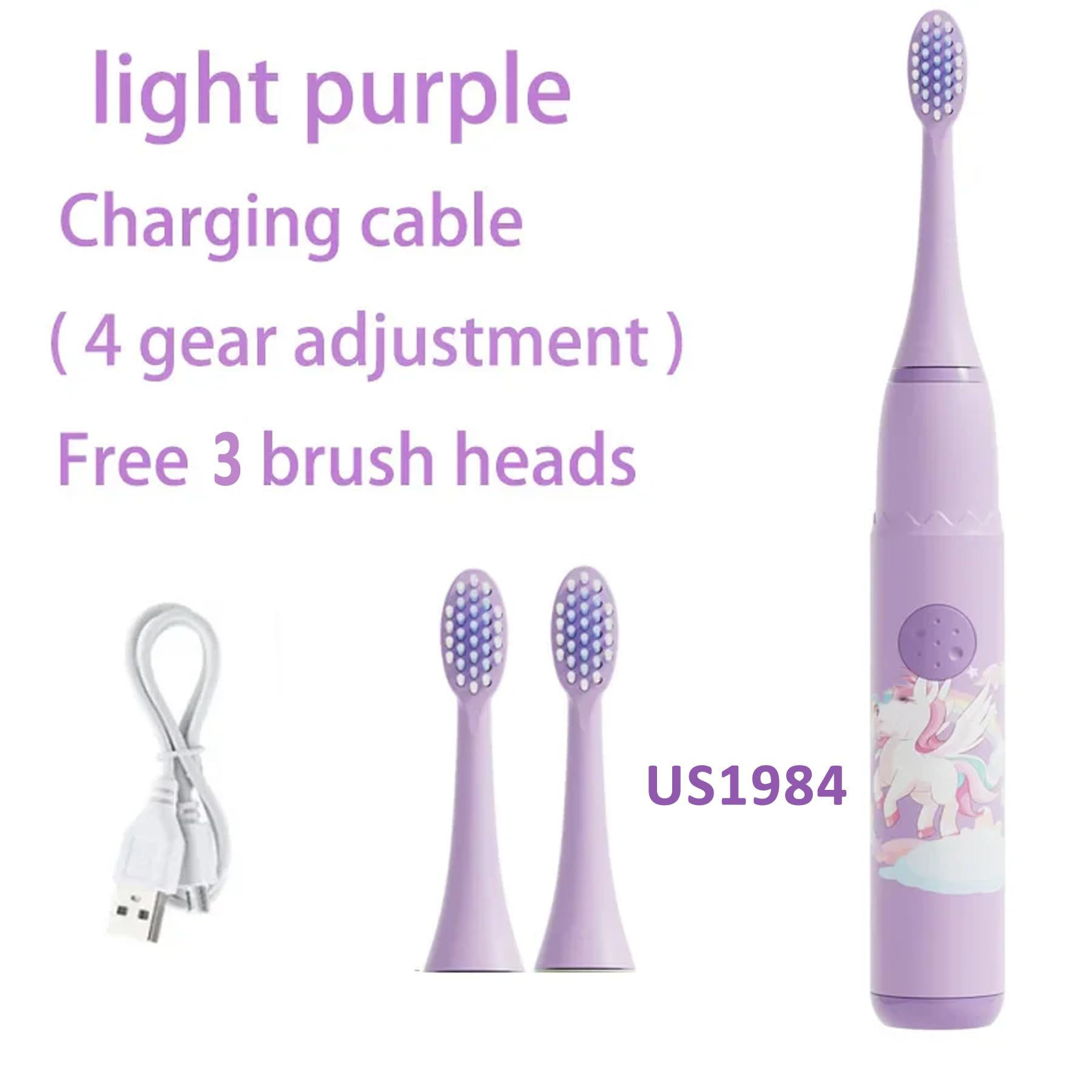 US1984 Sonic Electric Toothbrush for Kids with 4 Modes, 3 Brush Heads & Rechargeable Battery, Ultra Soft Nylon Bristles, IPX7 Waterproof, Electric Power Tooth brush (Purple) - Image 7 thumbnail