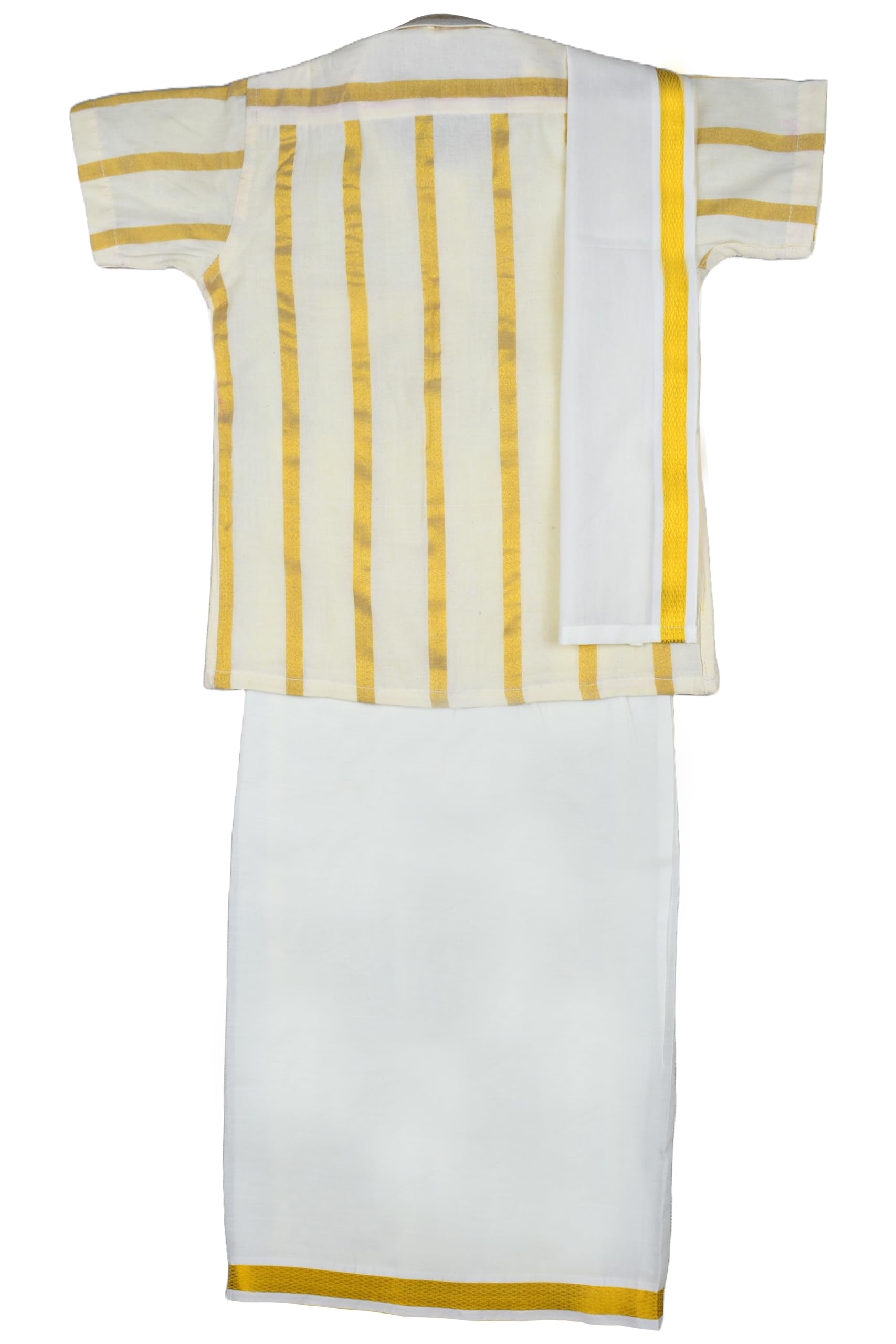 AMIRTHA FASHION Boys Traditional Dhoti & Shirt Set with Accessories (Kasavu Cream White), Kerala Kasavu Cotton With Golden Strips (2-3 Years) - Image 2 thumbnail