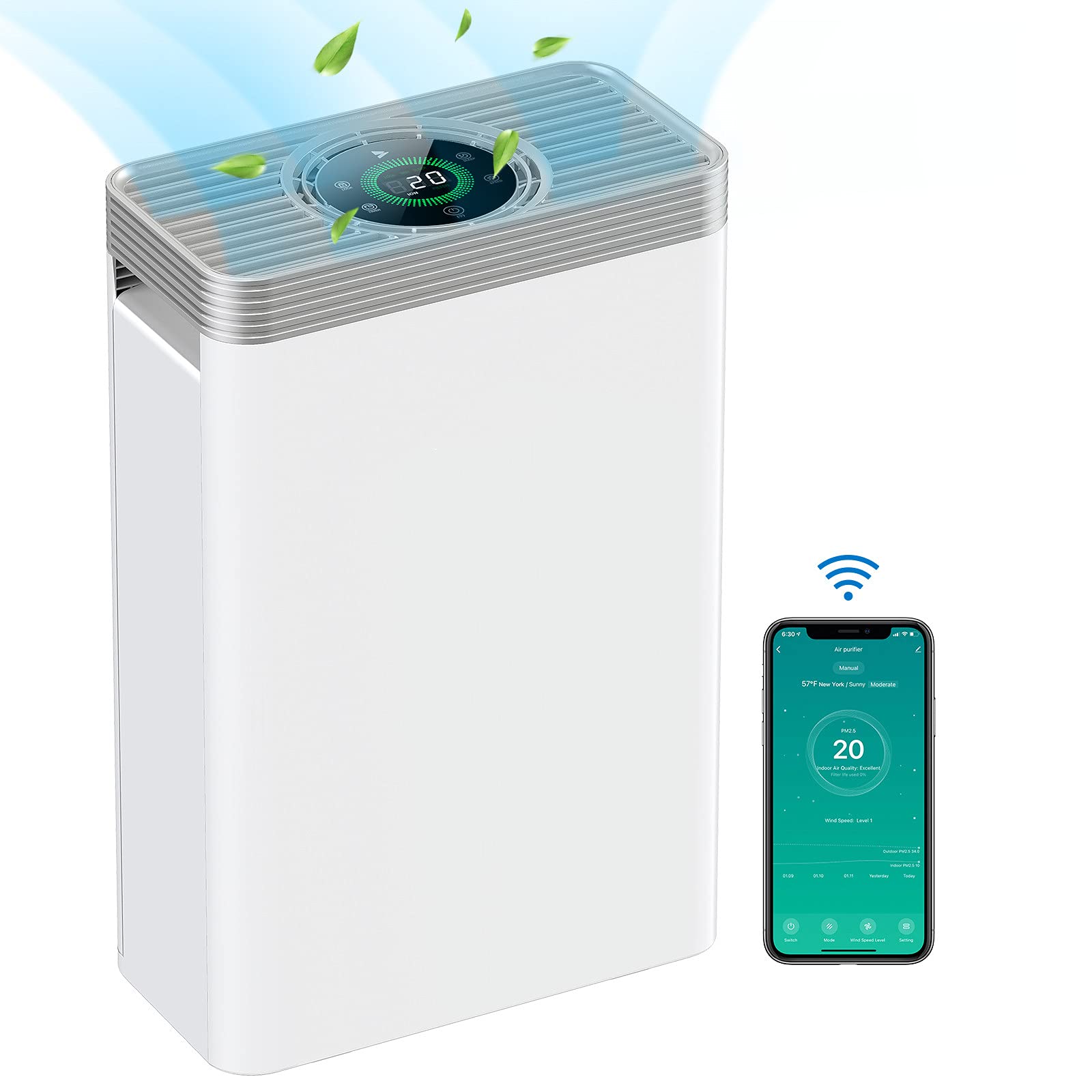 100m² H13 Air Purifier, 3 Speeds, Touch Screen, Sleep Mode, Air Cleaner for Pollen, Smoke, Pet Hair, Dust, Works with Alexa