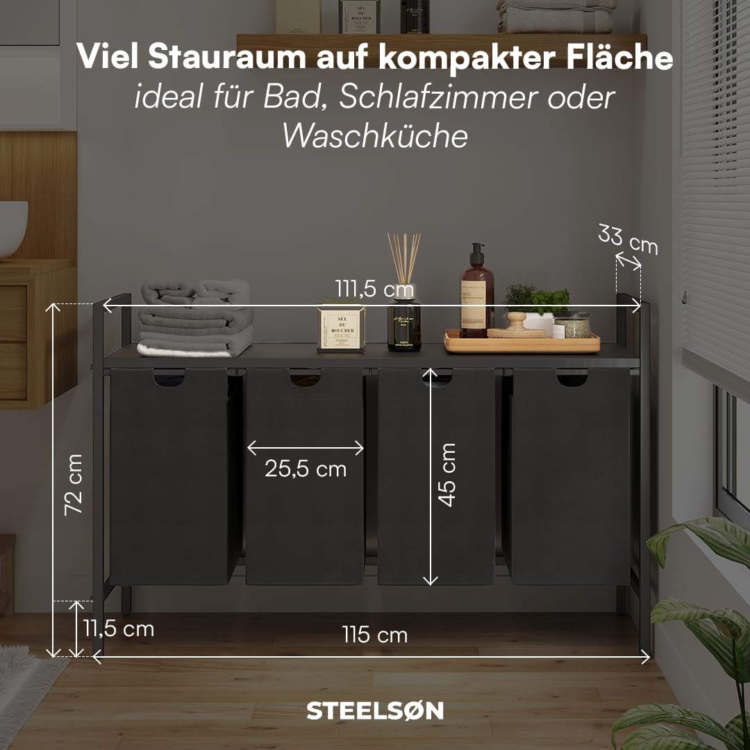 STEELSØN Rigil Wäschesammler 4 Fächer – Wäschekorb mit 1 Ablage – 4x 40 L Wäscheboxen in schwarz – Metall Wäschesortierer – ausziehbare & herausnehmbare Wäschesäcke – Schmutzwäschebehälter