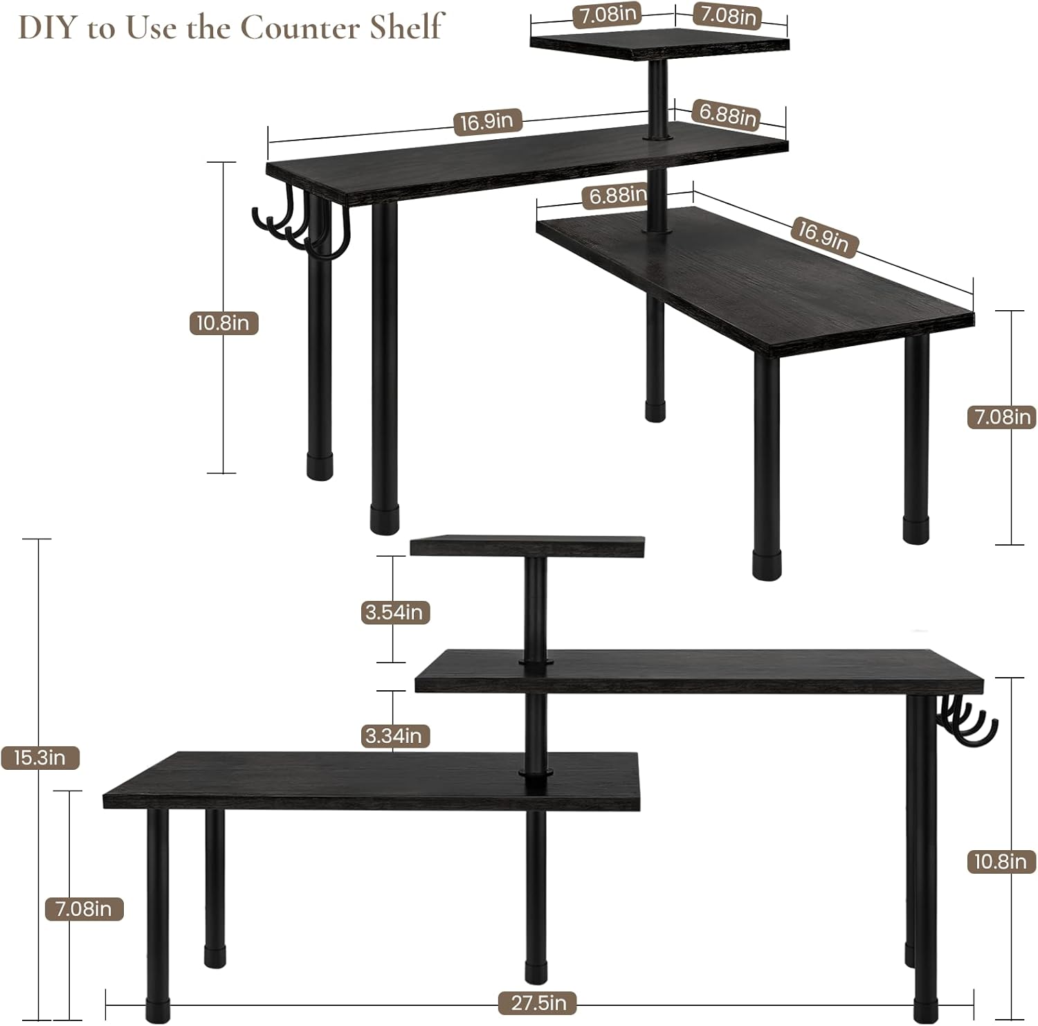 Kitchen Countertop Organizer, 3 Tier Corner Counter Shelf with Metal Hooks, Bathroom Counter Organizers and Storage, Tiered Wood Spice Rack, Vintage Black