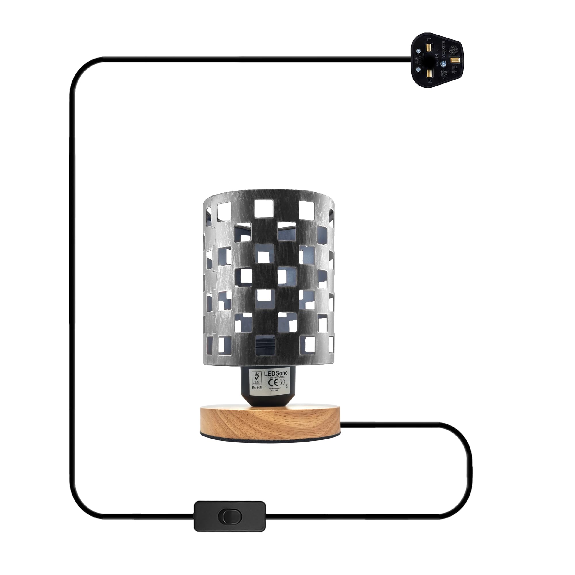 LEDSone Wooden Stand Bedside Table Lamp Modern Round Nightstand Lamp with Solid Wood Desk Metal Barrel Cage with 3 Pin Plugin On/Off Switch Control Lamp for Bedroom (Brushed Silver)