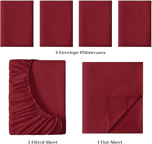 Miniatura 3 de BYSURE Juego de sábanas de 6 piezas (tamaño king, borgoña) - Sábanas de lujo de hotel súper suaves de 1800 hilos, 100% microfibra con bolsillos