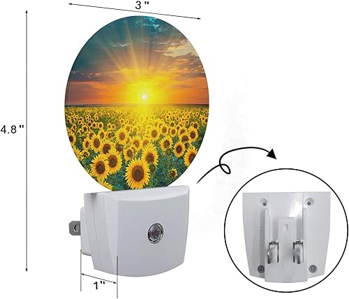 Miniatura 2 de Axayaz Luz nocturna LED de campo de girasol, amarillo, floral, hoja verde, planta, puesta de sol, amanecer, atardecer a amanecer, lámpara redonda