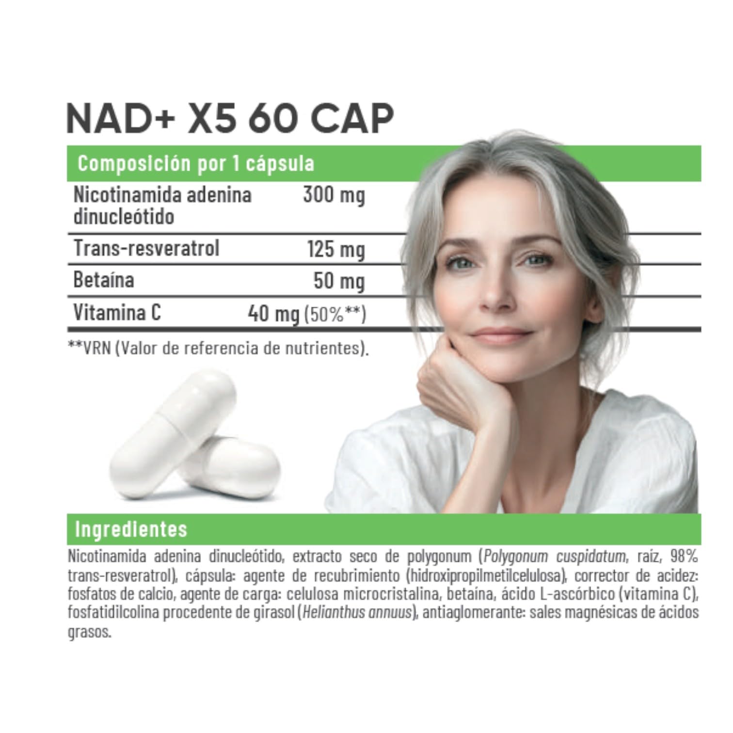 NAD+X5 60 Cápsulas Liposomadas – NAD+ + Trans-Resveratrol + Betaína – Suplemento para Energía Celular, Vitalidad y Longevidad