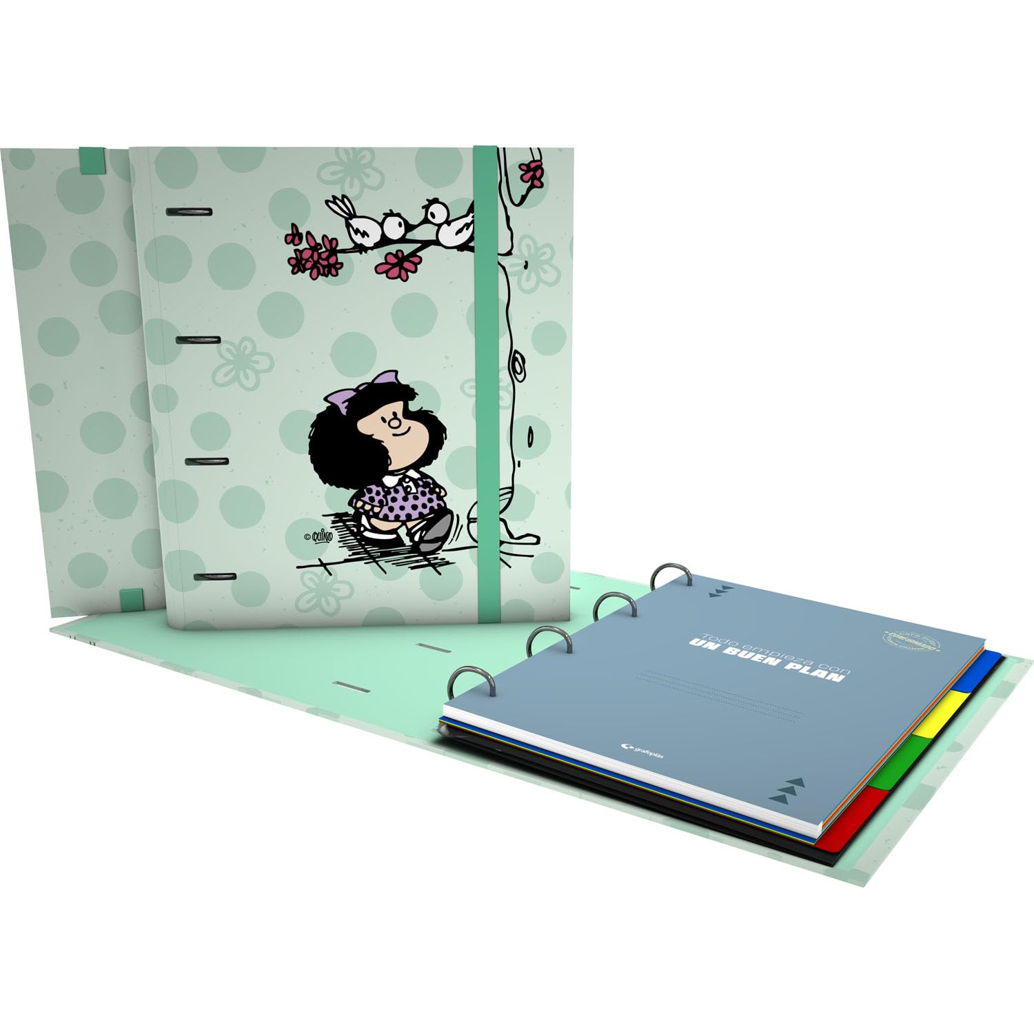 Grafoplas - Folder Rings A4 Mafalda Kiss with Refill + Dividers + Planner + Stickers + Transparent Envelope, Carpebook, Perfect for Students