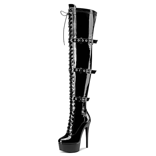 Castamere Mujer Sobre la Rodilla Aguja Heel Plataforma Botas Redonda Punta Cordones Cierre con Hebilla Cremallera Botas 15 CM Heels - 38 EU - Negro