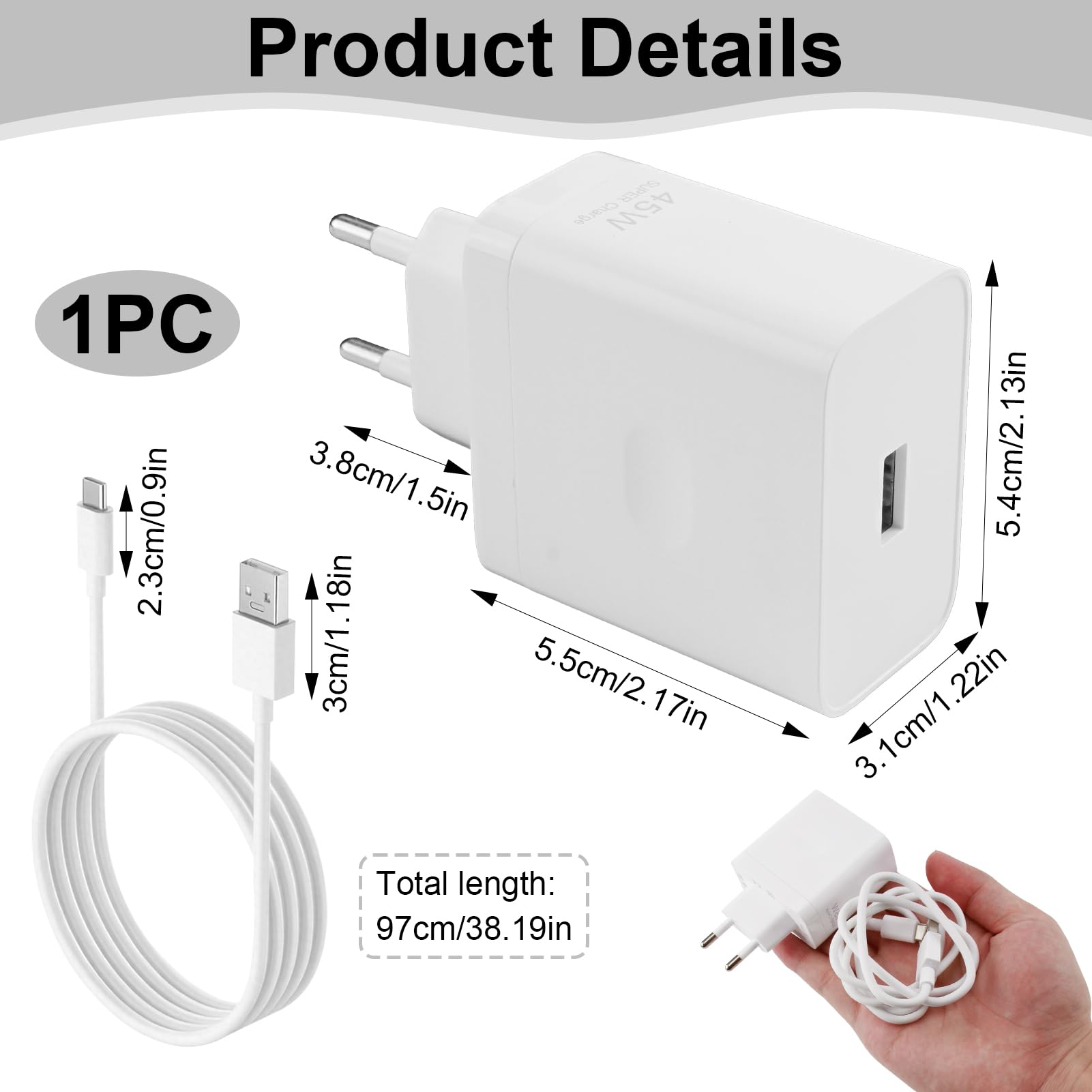 45W SUPER VOOC Caricabatterie Rapido con Cavo USB-C 6A 1M per OPPO Reno 13FS/13/12F/11F/10, OnePlus 10/9 Pro/Nord CE 3/2Lite, Caricatore Rapido VOOC per OPPO & OnePlus