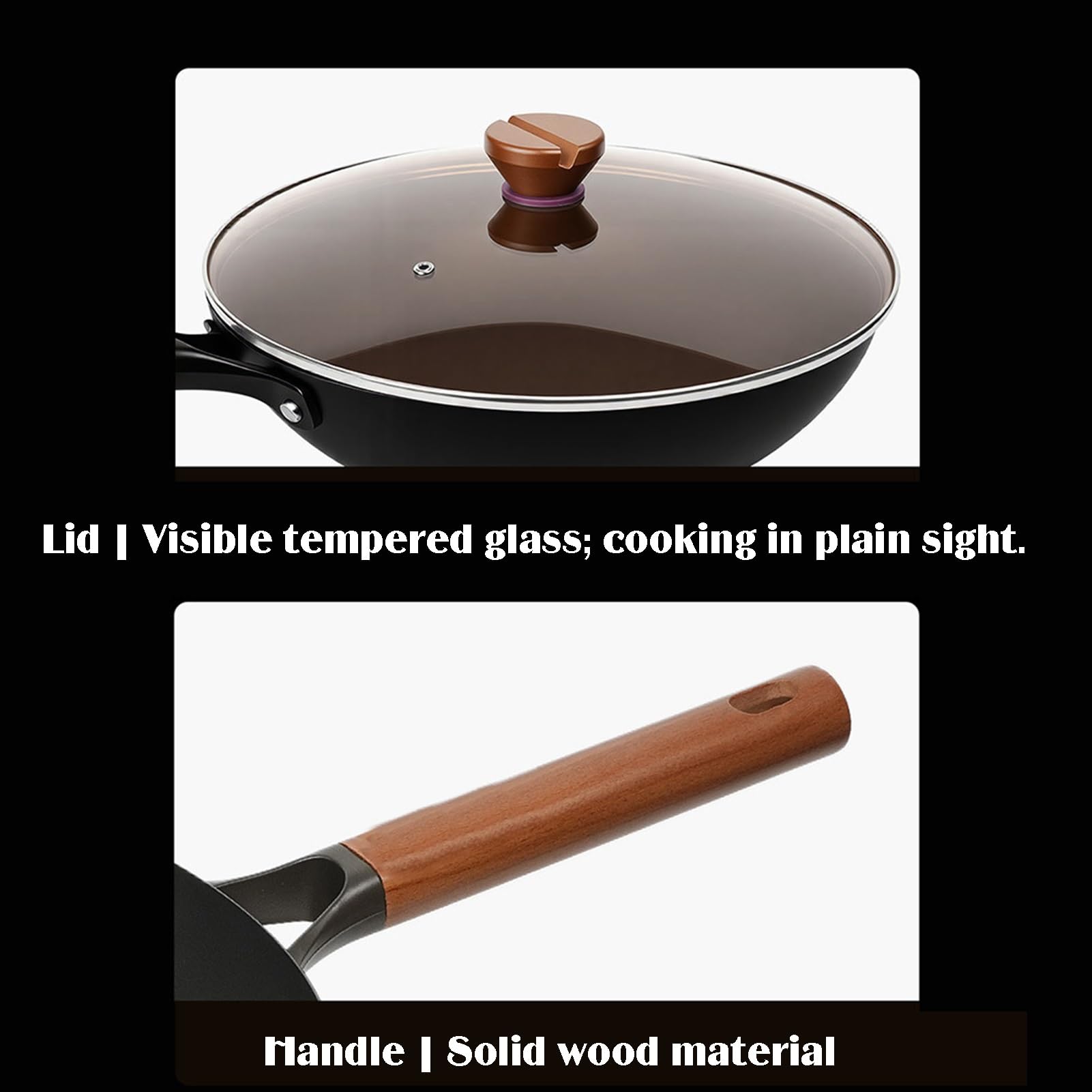 Genérico Wok Con Tapa De Vidrio,Woks Fondo Plano Presazonados,Sartén Cocción Diaria Compatible Estufas Gas Eléctricas(34cm)