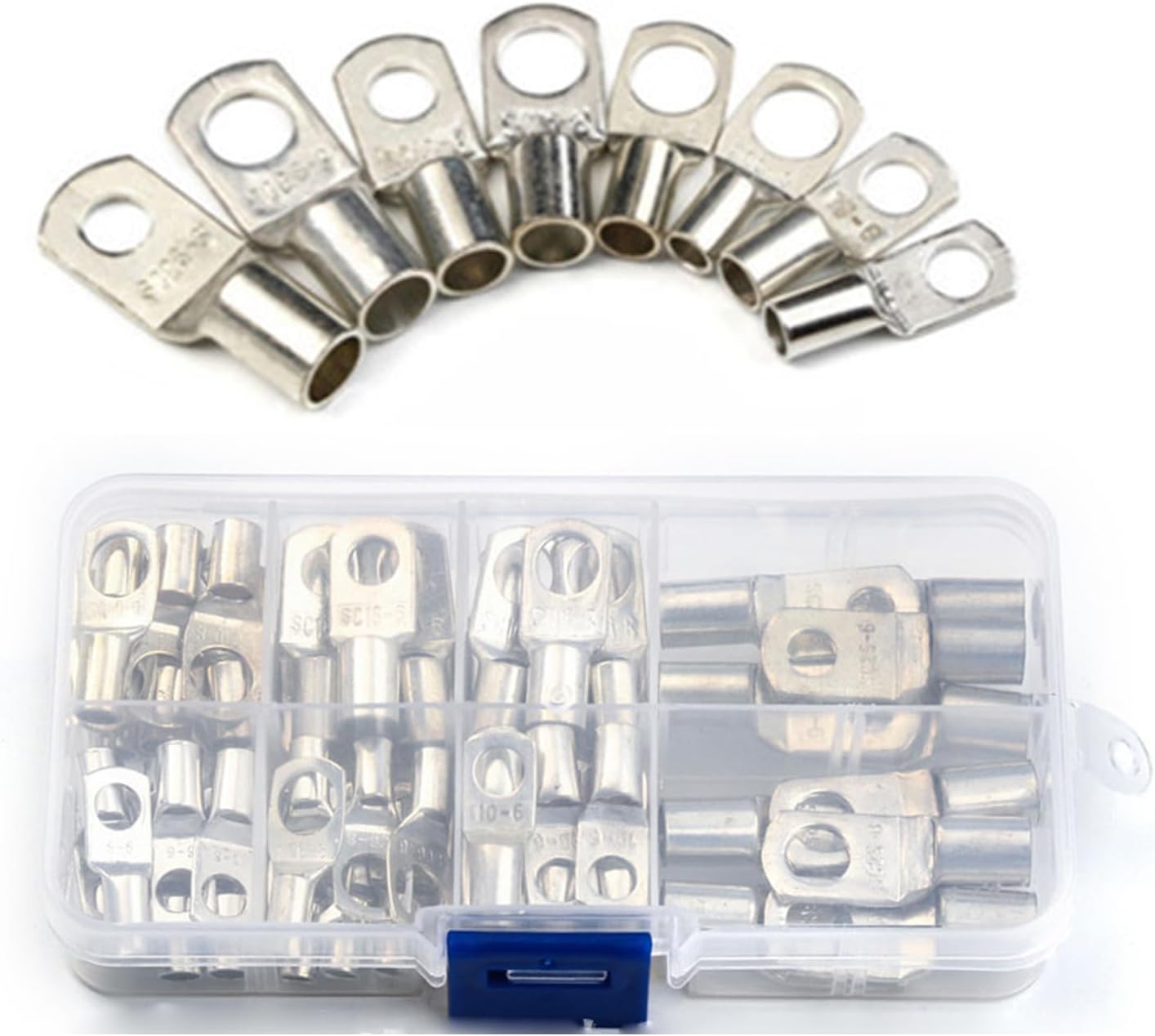 60PCS Tinned Copper Ring Terminal Set – Cable Lugs & Crimp Connectors Kit with Storage Box, Battery Wire Terminal Ends for Electrical Wiring, Bolt Hole Cable Connectors