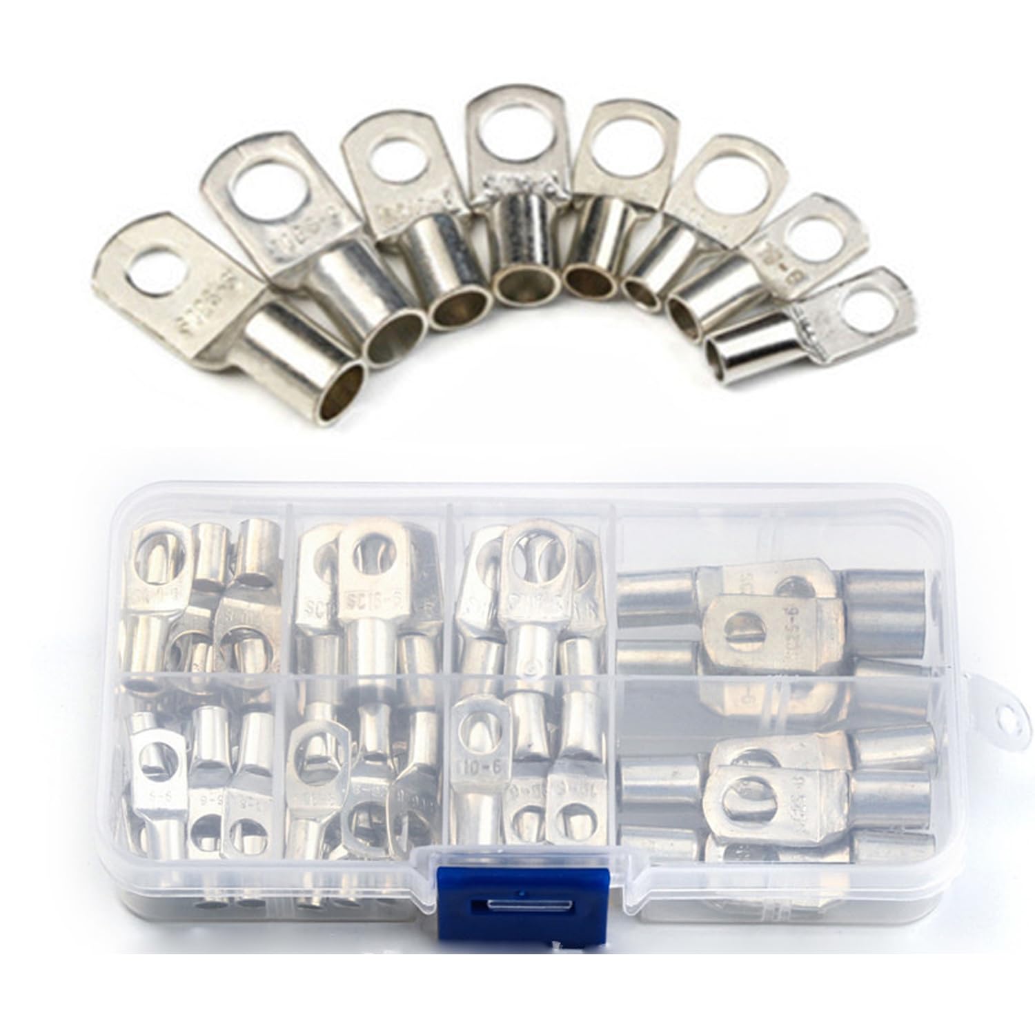 60PCS Tinned Copper Ring Terminal Set – Cable Lugs & Crimp Connectors Kit with Storage Box, Battery Wire Terminal Ends for Electrical Wiring, Bolt Hole Cable Connectors