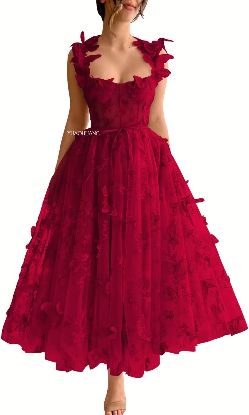 YUAOHUANG Women's 3D Butterfly Tulle Prom Dresses Tea Length A Line Formal Evening Gown with Pockets