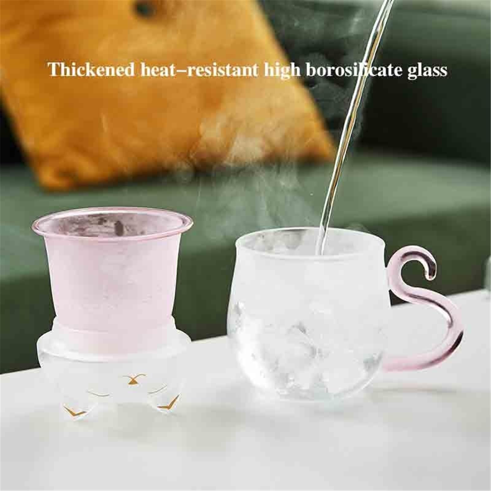 Trinkglas Transparenter, doppelwandiger Kaffeebecher mit Deckel, 473 ml (16 oz), niedlicher, katzenförmiger Borosilikatglasbecher rosa Henkel