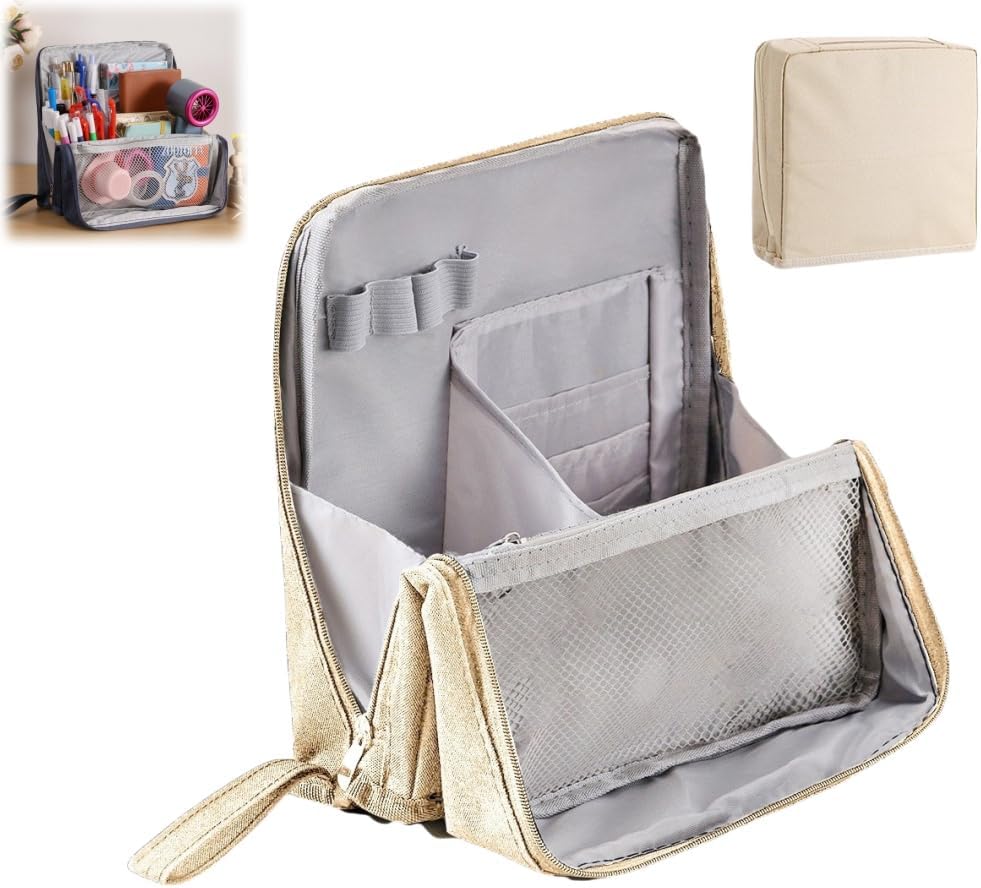 Standing Makeup Bag – Portable Large Capacity Cosmetic Organizer with Multi-Layer Dividers, Waterproof Stand Up Makeup Brush Bag for Travel & Home Use, Multipurpose Toiletry Bag (Beige)