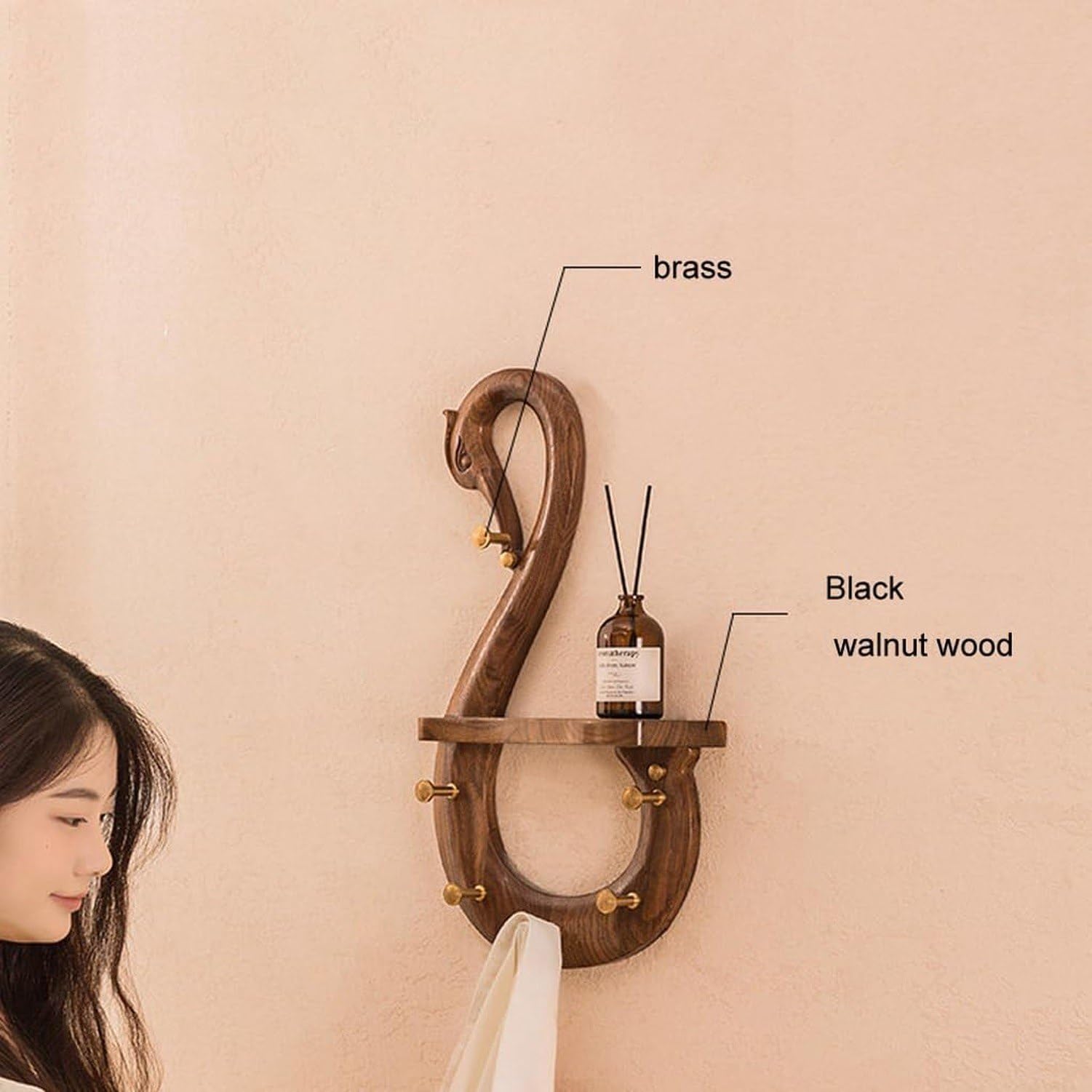 Swan Shaped Wood Wall Hook Coat Rack Brass Finish Mount Left Side Walnut Hanger Rail Mounted Decorative Hooks for Hanging Coats Jackets Clothes Hats Backpacks i, Brown, right