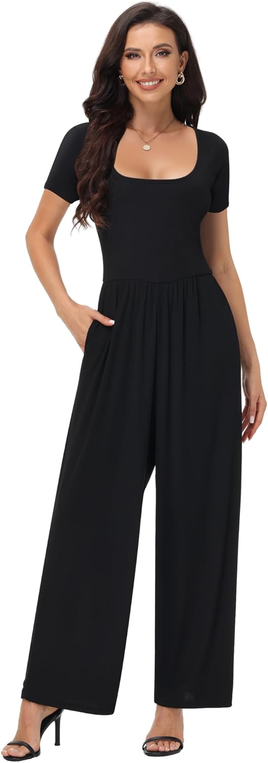 Womens Summer Jumpsuits Dressy Casual Short Sleeve Square Neck Wide Leg Jumpsuit Rompers Elegant One Piece Outfits
