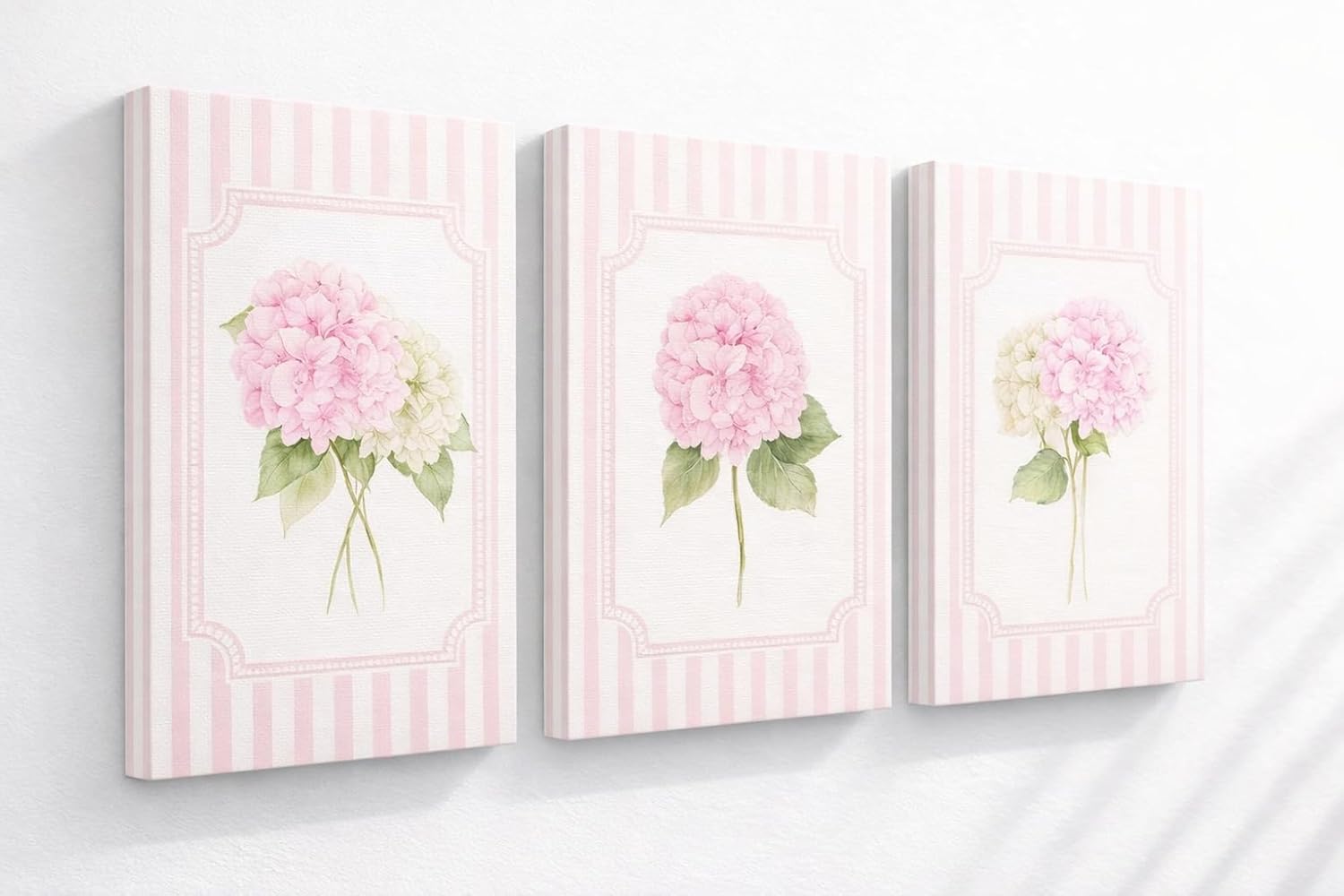 MTFBWY Framed Pink Hydrangea Wall Art Set of 3, Pastel Floral Wall Decor Botanical Canvas Prints, Feminine Flower Pictures for Bedroom, Nursery, or Girl Room 16x24in