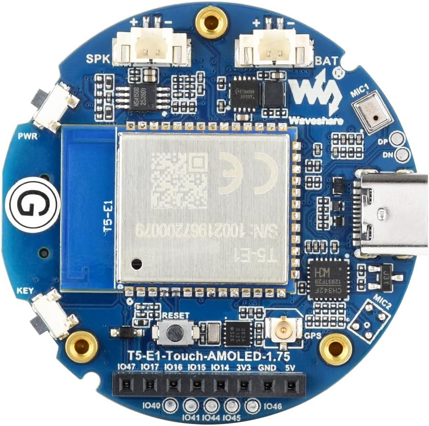 Waveshare Tuya T5-E1 1.75inch AMOLED Round Dev Board, 466 × 466 Touch Display, QSPI Interface, Supports Smart Global AI Cloud Development Platform/Multiple Large Models, All-in-One,Without GPS Module