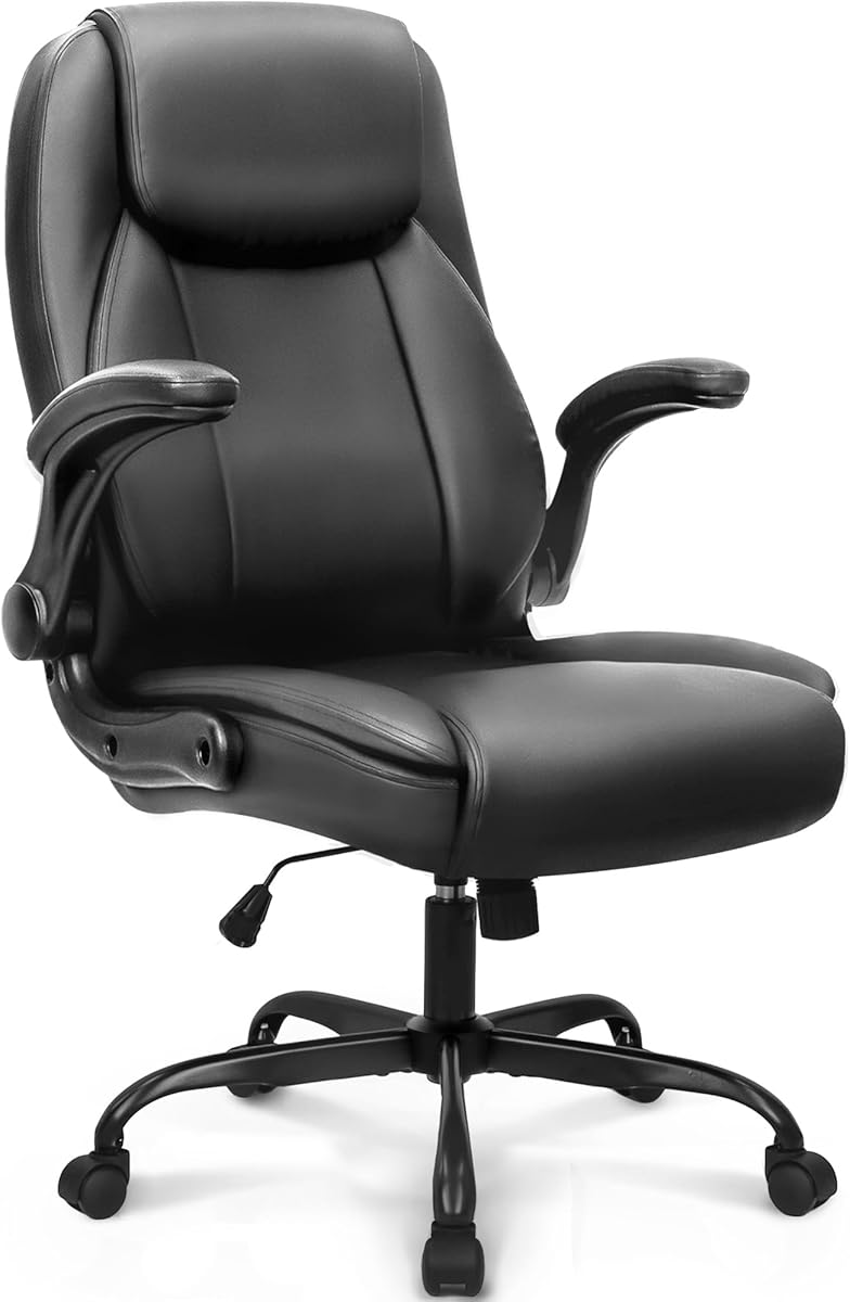 NEO CHAIR Ergonomic Office Desk Gaming Computer Chair Executive High Back Support Flip-up Arms Adjustable Height Swivel Rolling Wheels Comfy PU Leather for Home (Black)