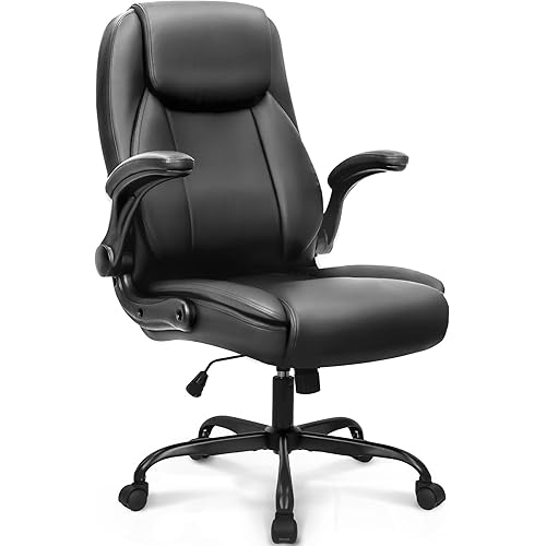 NEO CHAIR Ergonomic Office Desk Gaming Computer Chair Executive High Back Support Flip-up Arms Adjustable Height Swivel Rolling Wheels Comfy PU Leather for Home (Black)