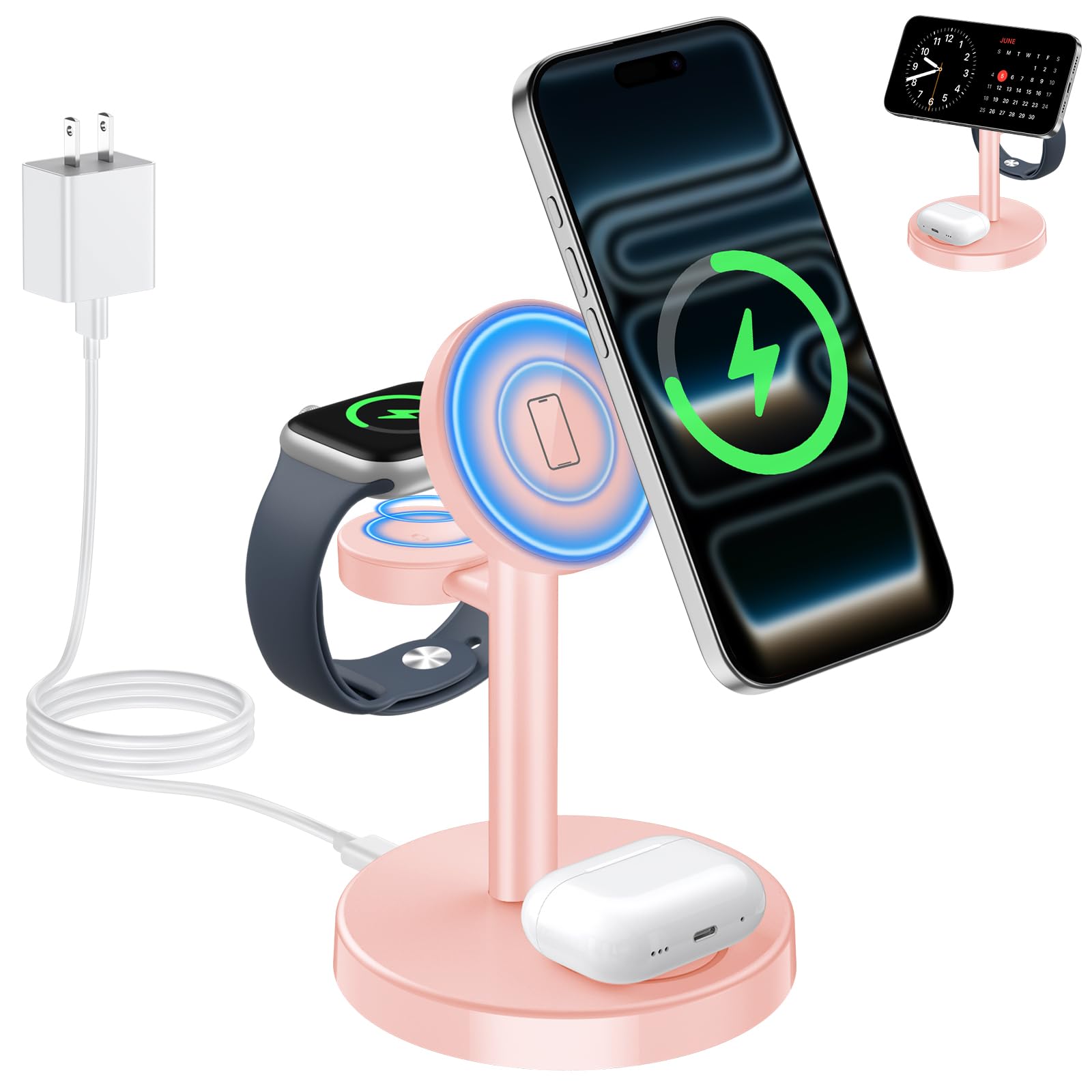 Aeinidi Station de Charge sans Fil 3 en 1 2025 Compatible avec MagSafe, Support de Chargeur magnétique Rapide Mag-Safe de 15 W pour Apple iPhone 17 16 15 14 13 12 iWatch AirPods Pro 4 3 2, Rose