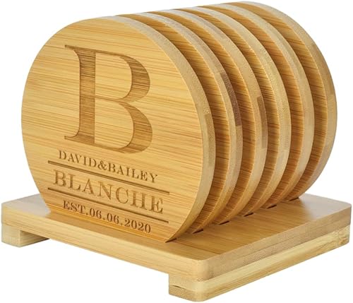 Miniatura 9 de Posavasos de bambú personalizados, posavasos de monograma grabados personalizados con soporte, grandes regalos para familiares, amigos o para ti