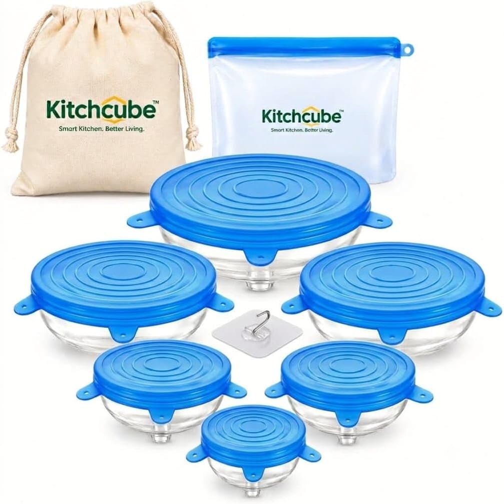 Silicone Lids for Food Storage, Reusable Silicone Stretch Lids for Bowls, Silicone Covers for Bowls & Containers, Airtight Flexible Bowl Covers for Kitchen Storage, Blue, Pack of 6