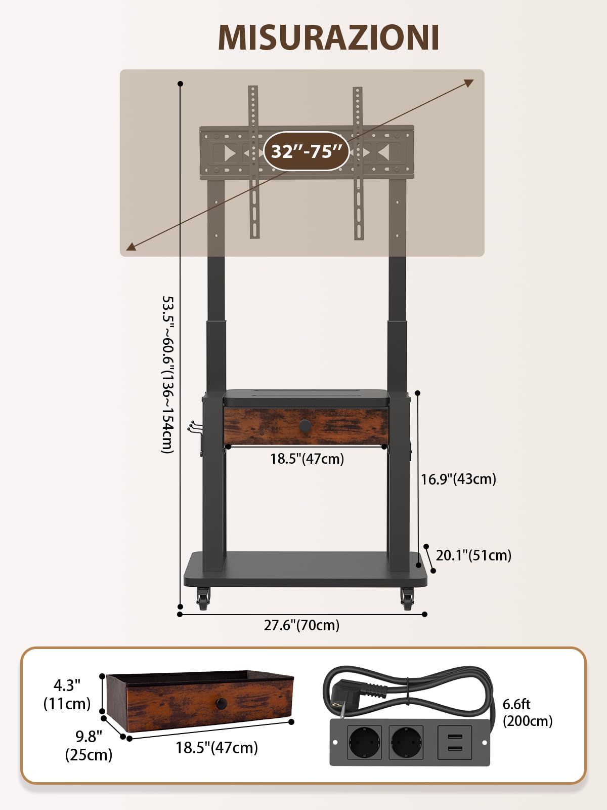 Maiproo Supporto TV con presa di corrente, per schermi piatti e curvi da 32 a 75 pollici, fino a 100 kg (LCD/LED/OLED), supporto mobile per TV con cassetto in tessuto e ruote, altezza regolabile