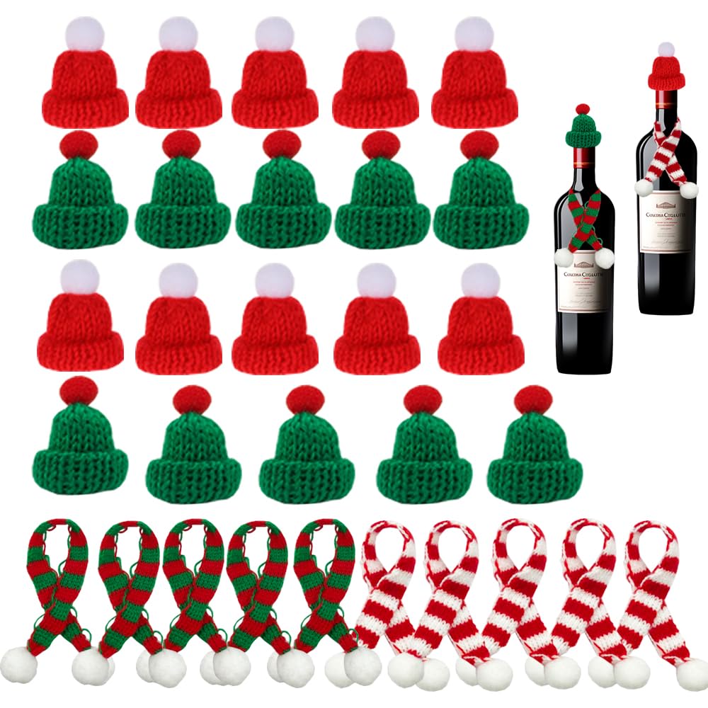 AWEELON 30 Pcs Mini Hat for Crafts Christmas Knit Hat and Scarf Red Green Knitted Wool Ornament Cute Doll Clothes Accessory Toy Decor