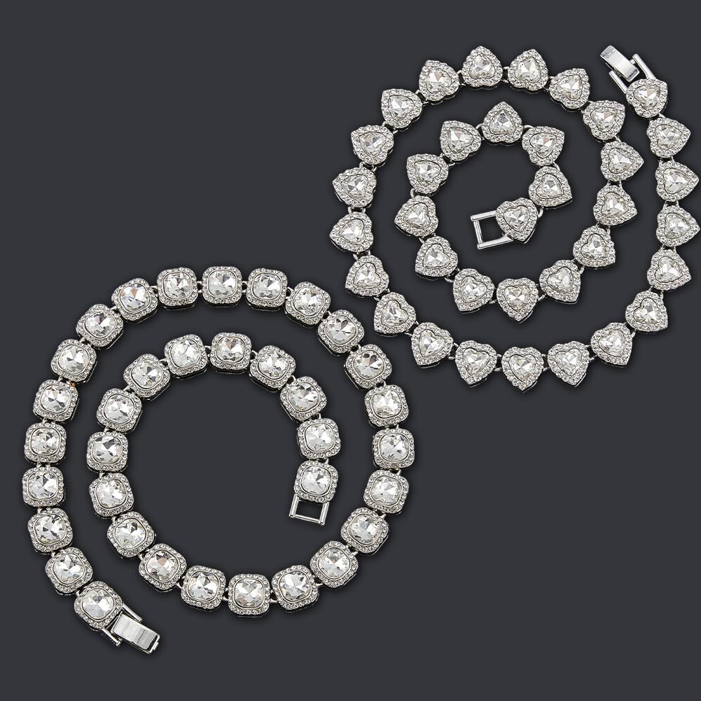 1 Box 2Pcs 2 Styles Cubic Zirconia Tennis Necklace Square Diamond Chain Silver Shine Heart Clear Glass Rhinestone Alloy Layered Iced Out Necklace for Party Prom Gifts Costumes DIY Decoration