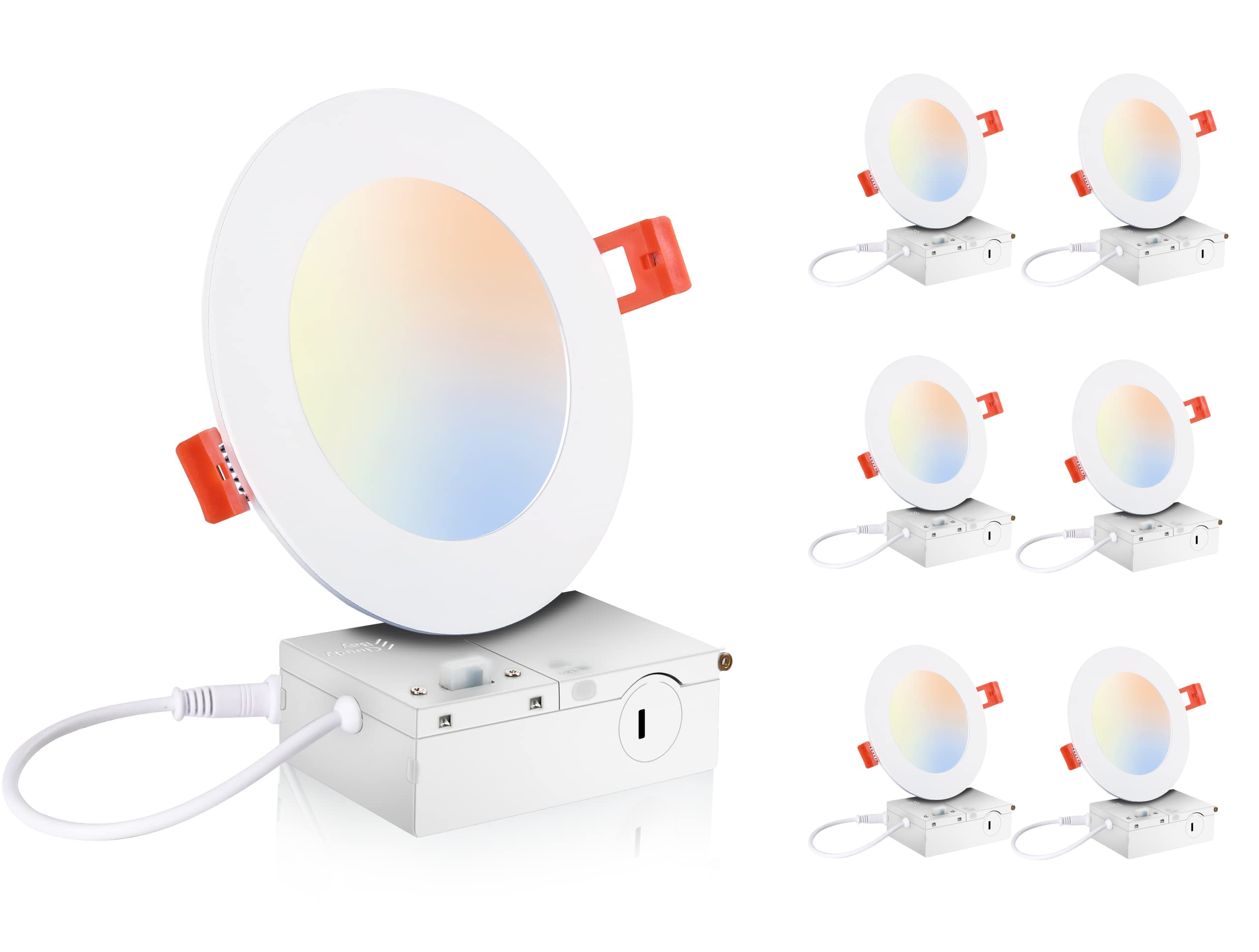 CLOUDY BAY6 Pack 4 Inch 5CCT Ultra-Thin LED Recessed Ceiling Light with Junction Box,2700K/3000K/3500K/4000K/5000K Selectable,10W Dimmable Canless Downlight,650LM High Brightness