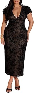 Women's Plus Size Cocktail Floral Maxi Dress Deep V Ruffle Short Sleeve ...