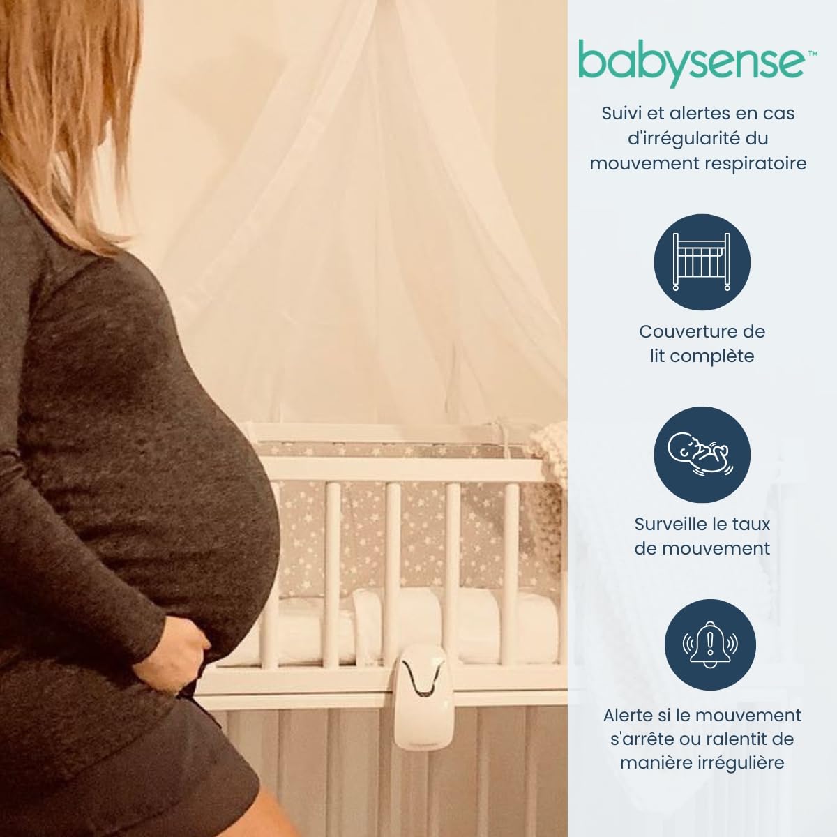 Babysense Moniteur Vidéo HD pour Bébé avec Caméra à Veilleuse et Moniteur de Mouvement pour Bébé Certifié Médicalement, Alertes en Temps Réel en Cas d'absence de Mouvement Respiratoire, 2-en-1